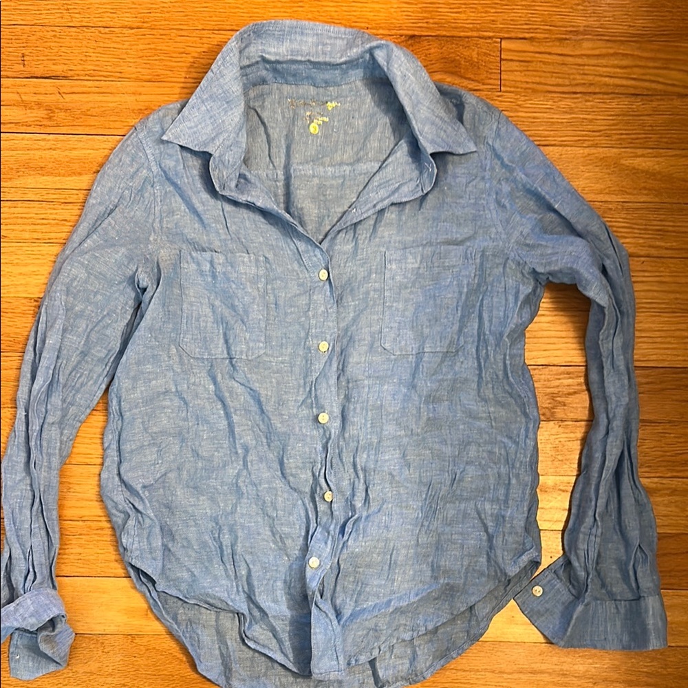 Lilly Pulitzer Blue Button Down Shirt linen top long sleeve small